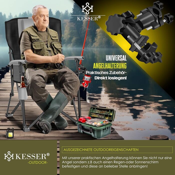 Кресlo для кемпінгу KESSER® з високою спинкою, 160 кг | Стільчик для риболовлі, з підлокітниками, кишенькою для напоїв та світлом | Сірий/Чорний