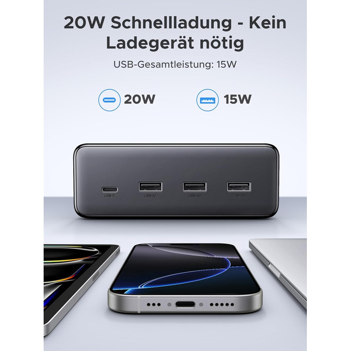 Мережевий фільтр UGREEN 10-в-1 з USB, подовжувач з 20W швидкою зарядкою USB-C, захист від перенапруги, 3680 Вт, кабель 1.5 м, для офісу та дому