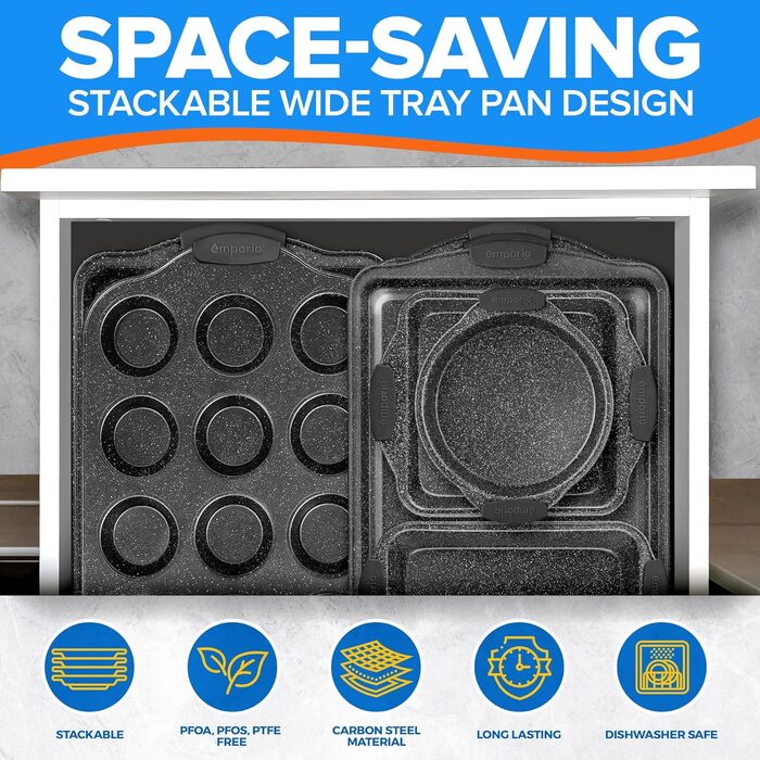 Набір форм для випічки Emporio Kitchen – антипригарне покриття, набір форм з вуглецевої сталі з сірими силіконовими ручками, без PFOA, PFOS, PTFE, рецептурник в комплекті, деко для випічки (до 230°C), сірий, набір з 25 шт.
