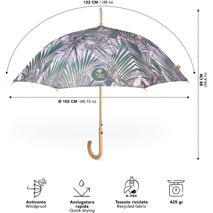 Perletti Green Eco Women's Umbrella - Recycled Material, Automatic Open/Close, 102cm Diameter, White Kentia Flower Design