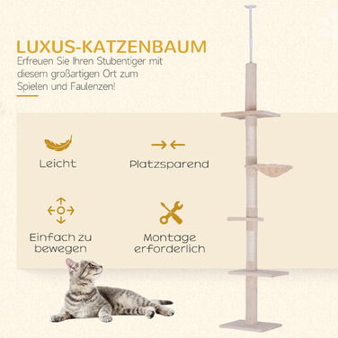 PawHut Cat Tree, Ceiling-High, H230-260 cm, Adjustable Height Climbing Tree for Cats, Stable, Beige | Aosom