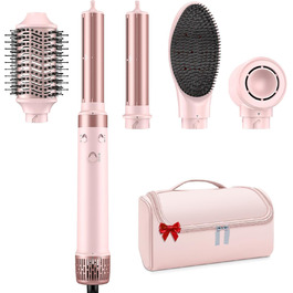 Фен-стайлер 5-в-1 для волосся з іонізацією, набір з насадками, швидка сушка, локони, випрямлення, об'єм, без пошкодження волосся, 100–240V, з сумкою, рожевий