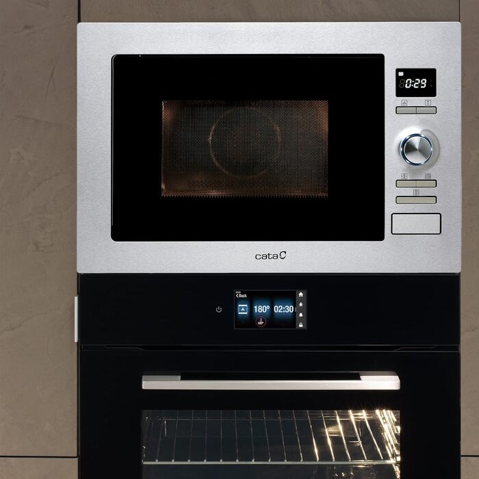 Вбудована мікрохвильова піч CATA MC 25 D ENC Inox, 25л, нержавіюча сталь, 8 автоматичних меню, 5 рівнів потужності, гриль 1000 Вт, таймер, ширина 60 см
