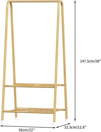 Robust metal clothes rack with double shelves for hanging clothes, freestanding and portable, 62 L x 35 W x 157.5 H cm, space-saving, gold