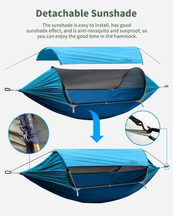 Гамак для кемпінгу 4-в-1 з москітною сіткою та знімним сонцезахистом, 290x140 см, для відпочинку на природі, пікніків, походів та подорожей, армійного кольору (106x55 см, блакитний)