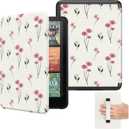 Чохол MoKo для Kindle Paperwhite (12-ге покоління, 2024) та Kindle Colorsoft Signature Edition (2024), з петлею для руки, авто-ввімкнення/вимкнення, Agave Grün (рожеві квіти)