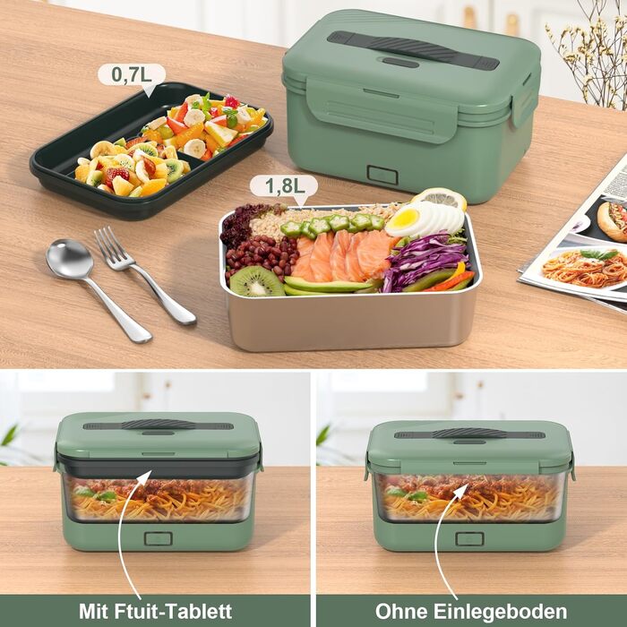 Vabaso 100W Electric Lunch Box for Adults, Thermal with Cutlery and Insulated Lunch Bag, 12/24/110V~230V, Leak-Proof, 1.8L Large Container, Food Container with Compartments for Car, Truck, Home