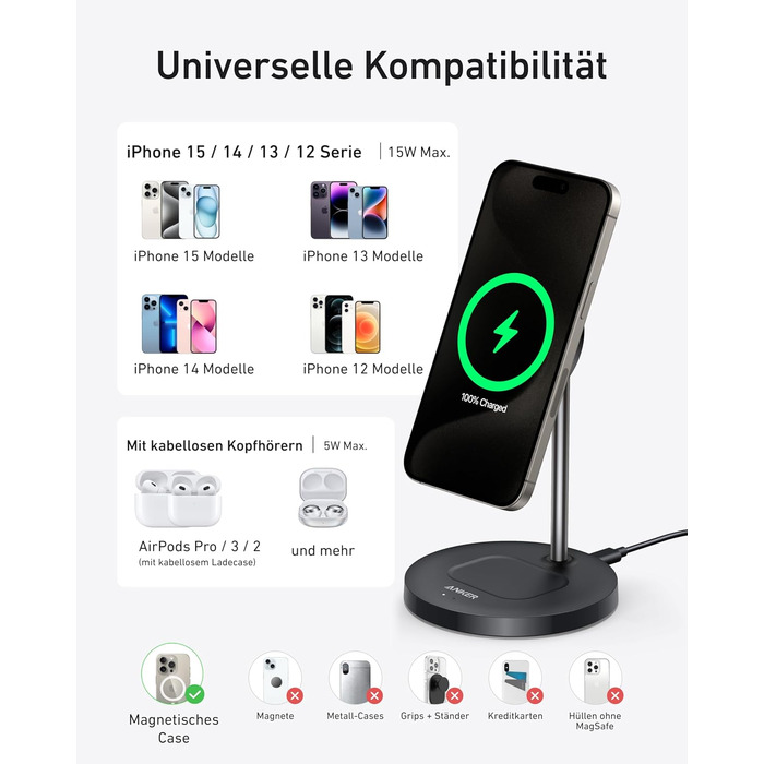 Anker MagGo 15W Magsafe Зарядний пристрій: 2-в-1 Індукційна станція, Qi2 Бездротовий заряд для iPhone 16/15/14/13/12, AirPods Pro, з USB-C кабелем 1.5м, чорний