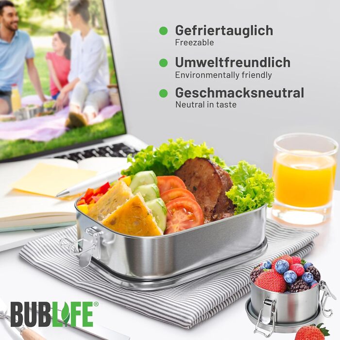 Дитяча ланч-бокс Bublife з нержавіючої сталі 1400 мл з відділеннями, герметична, для дітей і дорослих, 2 роздільники, міні-контейнер