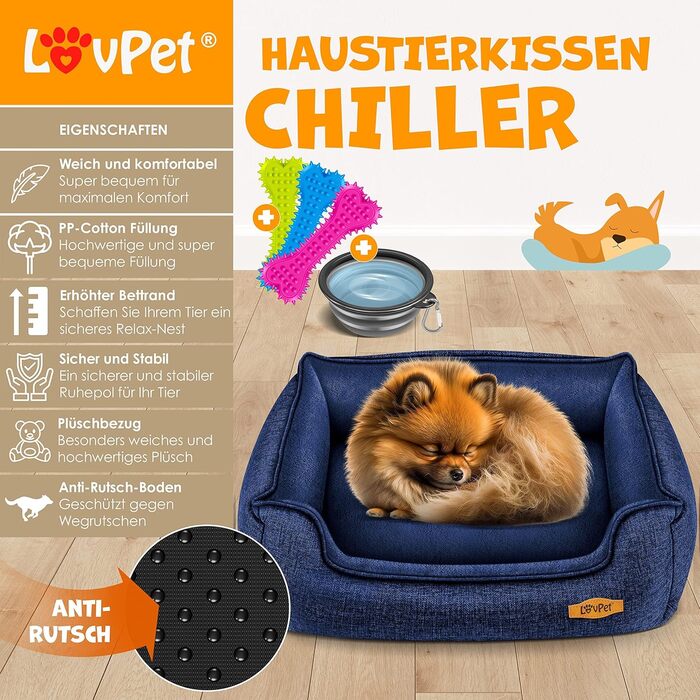 Lovpet® Dog Bed Dog Cushion Dog Basket Chiller, Incl. Bowl + 3X Chew Bones, Dog Sofa Cushion for Small, Medium & Large Dogs, Removable and Washable Cover, L 90 x 75 x 25 cm (M (70 x 55 x 21 cm), Navy Blue)