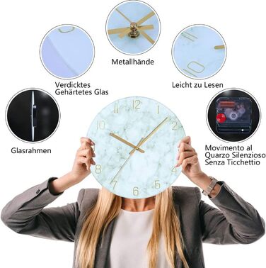 VIKMARI Glass Wall Clock Silent-Non Ticking Wall Clocks - Quality Quartz, Battery-Operated Round 12 Inch (Bracelet Style)