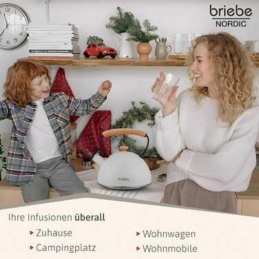 Чайник Nordic від briebe: індукційний, 2.3L, з нержавіючої сталі, ретро-дизайн, для всіх типів плит (газ, електро, склокераміка, індукція), з дерев'яною ручкою, для чаю та кави (білий)