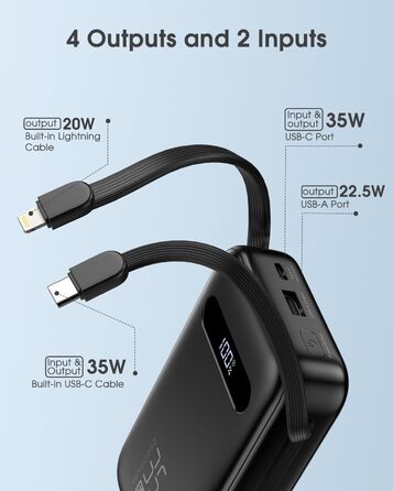 Powerbank 20000mAh з PD 35W, USB-C кабель, LED дисплеєм та 8 Pin кабелем. Чорний акумулятор для iPhone, iPad, Samsung Galaxy, Huawei та інших пристроїв