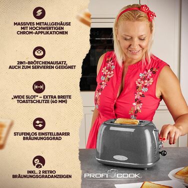 Тостер ProfiCook у вінтажному стилі, на 2 тости, широкі слоти, металевий корпус, ретро-дизайн, з насадкою для булочок, модель PC TA 1193, антрацит