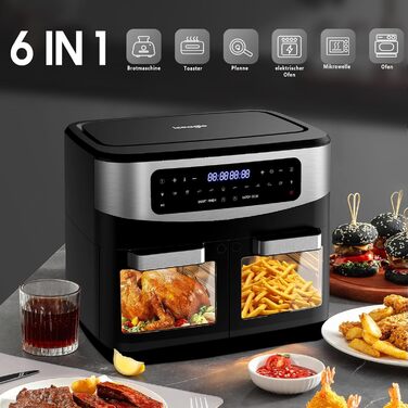 Фритюрниця гарячим повітрям XXL 2000W з подвійним нагрівом | 12-в-1, з вікном, сенсорне управління, рецепти (12L Dual)