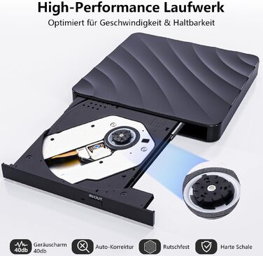 Зовнішній DVD-CD привід USB: DVD-рекордер та плеєр для ноутбука та ПК, оптичний накопичувач +/-RW ROM, сумісний з Windows 11/10/8/7, Linux, MacOS, чорний