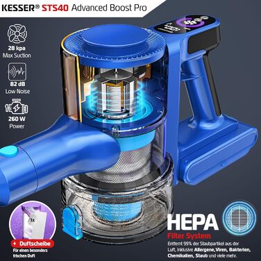 Бездротовий акумуляторний пилосос KESSER® з LED-дисплеєм, до 60 хв роботи, тихий, без мішка, з антинамотувальною насадкою, HEPA-фільтр, аромадиск (Синій/Золотий)