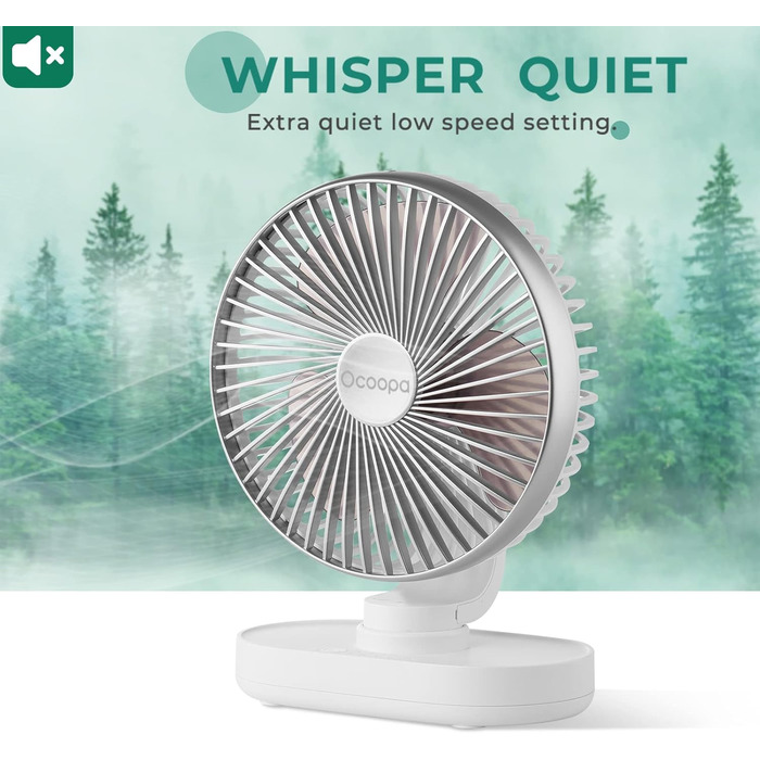 Портативний USB вентилятор OCOOPA Rotateair 6.5'' з акумулятором 4000mAh, 4 швидкості, тихий (30dB), для дому, офісу, кемпінгу, сріблястий