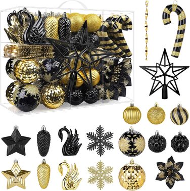 Набір прикрас для ялинки Alupssuc 128 шт. - ялинкові кулі, квіти, орнаменти, червоно-золотий, для свят, вечірок, з гачками