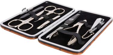 Набір для манікюру DREI SCHWERTER 'Sanremo' - Німецька якість | Преміум-набір для манікюру в чорному еко-шкіряному етиуі | Вміст: ножиці для нігтів, ножиці для кутикули, щипчики для нігтів, пінцет, напільничок з сапфіру та інше! (Імітація букета - Когняк)