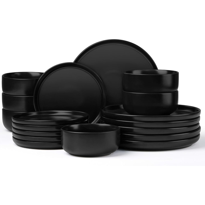 Набір посуду Joyfair на 6 осіб, 18 предметів: тарілки, миски, десертні тарілки, чорний колір, кераміка, для посудомийної машини та мікрохвильової печі