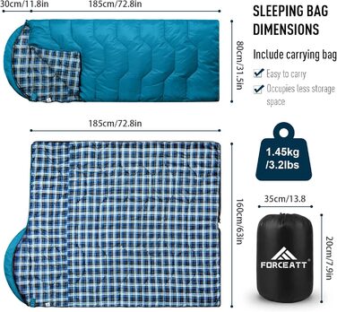 Спальний мішок Forceatt 3-4 сезони, -5°C, фланель та поліестер для дорослих, водонепроникний, теплий, для кемпінгу, відпочинку на природі та холодних умов. 10° поліестер, тафта, колір 