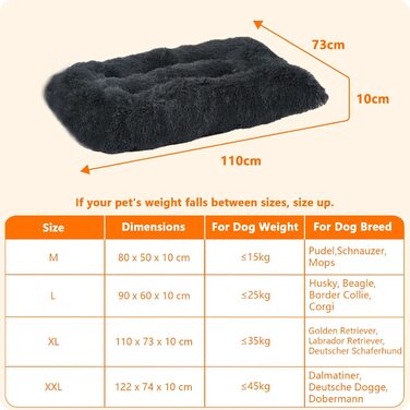 Dog Bed, Fluffy Dog Mats, Longer Plush Dog Cushion, Washable, Non-Slip Bottom, 110 cm for Medium and Large Dogs (L 110 x W 73 x H 10 cm, Dark Grey)