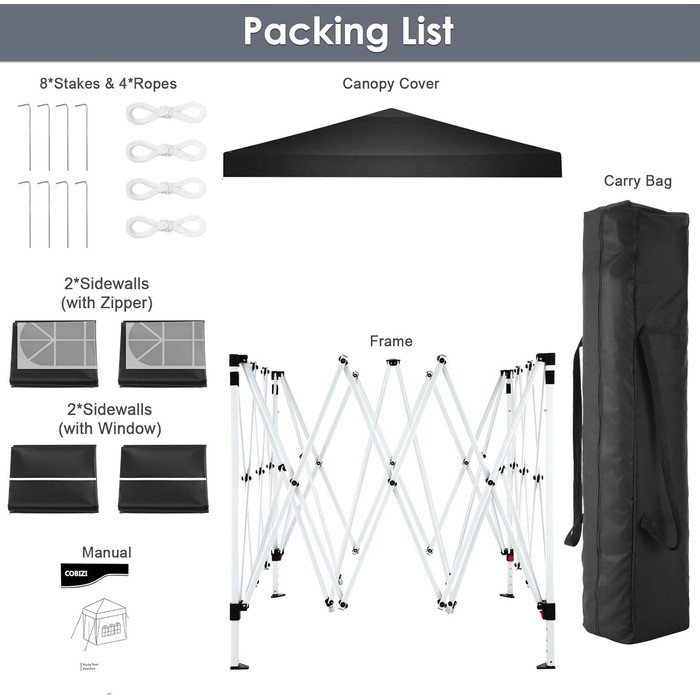 COBIZI Gazebo 3x3m Waterproof, Stable, Winter-Proof, Foldable Pop-up Gazebo Party Tent Garden Gazebo for Beach Wedding, with 4 Side Panels, UV Protection 50+, Adjustable Height, Black