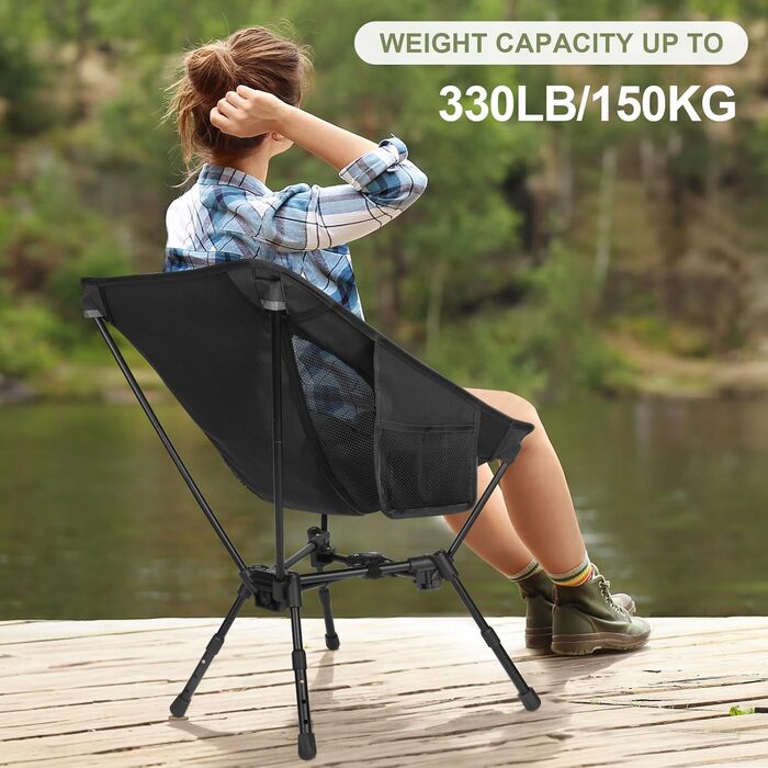 Складний туристичний стілець TOPCHANCES для кемпінгу та відпочинку на природі. Міцний, легкий, з кишенею, чорний