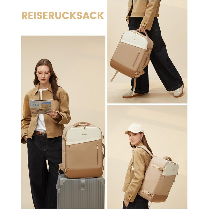 LOVEVOOK Рюкзак ручної поклажі 40L, 17.3 дюйми, великий, для жінок та чоловіків, розширюваний, рюкзак для подорожей та бізнесу, (40x30x20см-24L, кремовий + сірий + чорний)