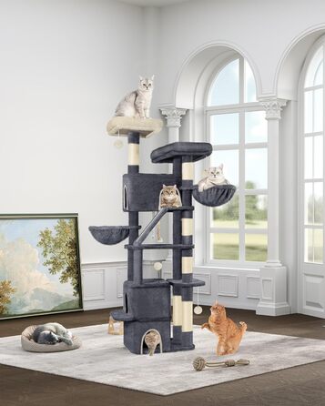 Багатоповерховий котячий будиночок-когтеточка Hzuaneri MS18818LG, 185 см, темно-сірий. 6 стовпів, 3 печери, 2 платформи, 2 корзини, 4 іграшки-кульки