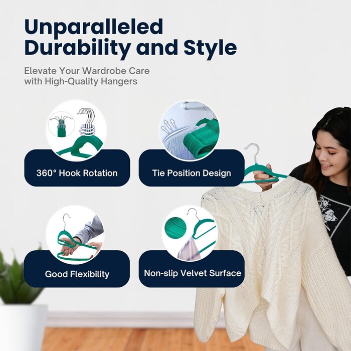 Набір плечиків для одягу з велюру, 50 шт. (блакитно-зелений) – антиковзаючі, з органайзером для краваток, обертові гачки