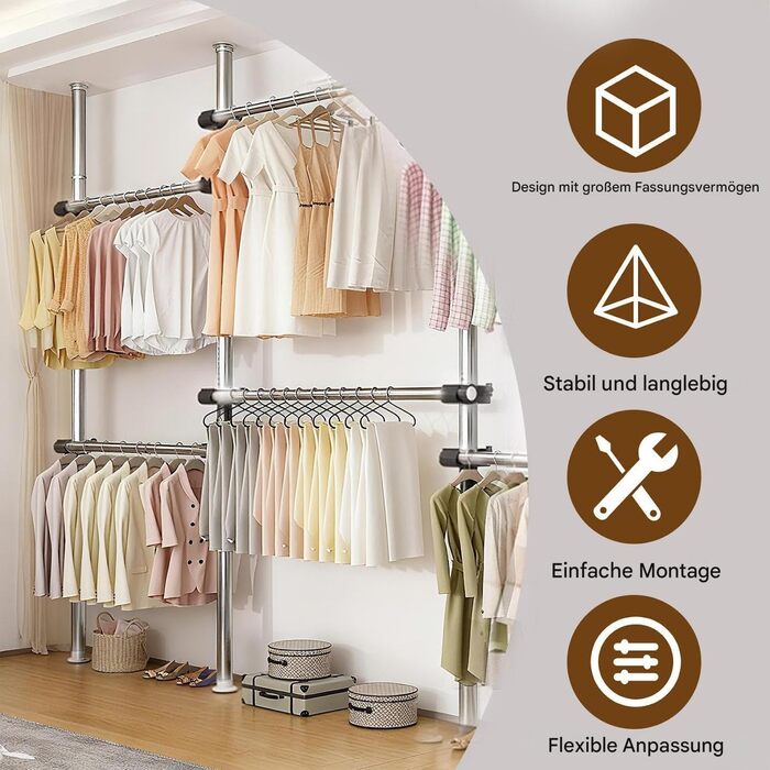 Телескопічна система для гардеробу: розширювана штанга для одягу з 6 штангами та 2 гачками, регульована полиця 110-300 см, для дому та магазину одягу, білий (срібний)