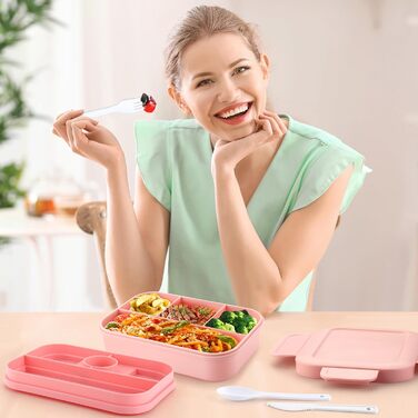 Ланчбокс для дорослих Sinnsally 2000 мл з відділеннями, бенто-бокс, ланчбокс з посудом, виготовлений з екологічно чистих матеріалів, зелений (рожевий)