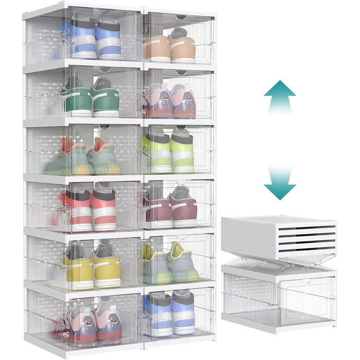 SONGMICS Shoe Cabinet Set, with 18 Shoe Boxes, Integrated Shoe Organizer, Foldable, Portable, for Shoes up to Size 46, 1-Minute Assembly, Transparent + Cloud White LSP207W01 (Transparent + Cloud White, 2)