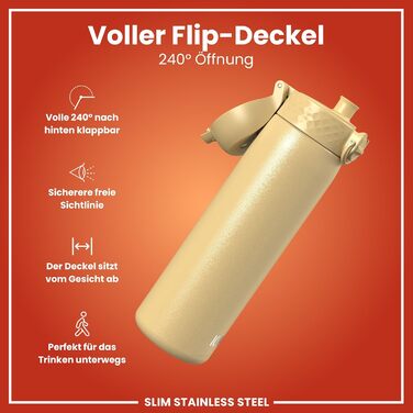 Ion8 Stainless Steel Water Bottle, 600 ml, Leak-Proof, One-Handed Opening, Secure Locking Mechanism, Dishwasher Safe, Flip-Top Lid, Carrying Handle, Easy to Clean, Durable & Scratch-Resistant (Stainless Steel, Desert)