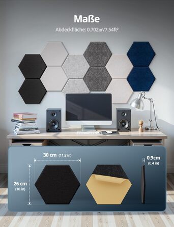 Акустичні гексагональні панелі самоклеючі, 12 шт. Поглинач звуку для студії, вітальні, геймерської зони та офісу, чорні, 30 x 26 x 0,9 см