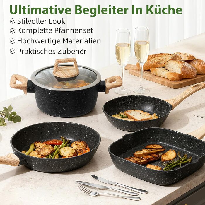 Набір каструль та сковорідок GMISUN 11 предметів з нержавіючої сталі, індукційне дно, для всіх типів плит, без PFOA/PFOS, чорний