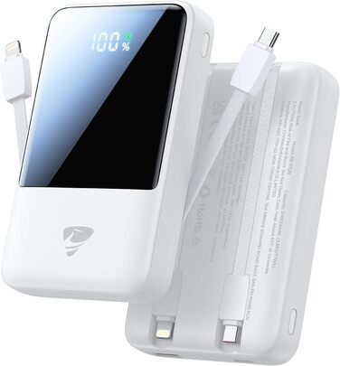 Power Bank 20000mAh з вбудованим кабелем, швидка зарядка 22,5W, USB-C, LED-дисплей, для iPhone 17 16 15 14 13 12 11, білий, 20000mAh