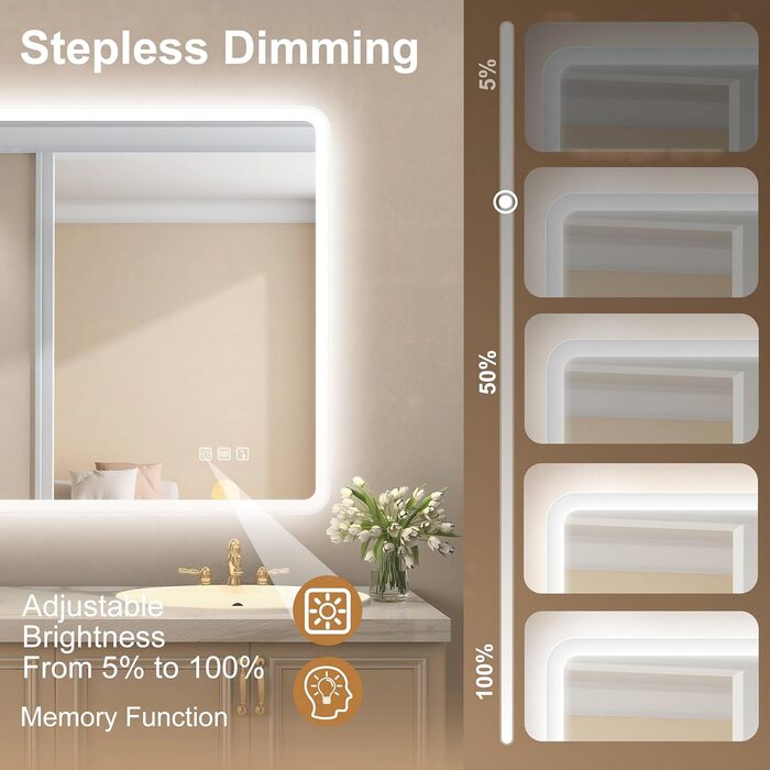 Дзеркало для ванної кімнати Starlead з підсвічуванням 100x70 см, Bluetooth, антизапітніння, регулювання яскравості, 3 кольори світла, функція пам'яті, IP44, LED, горизонтальне/вертикальне, HD скло, Madrid Silver (Bluetooth)