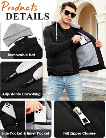 Чоловіча степкова жилетка Vancavoo на осінь/зиму з капюшоном, чорна, розмір M