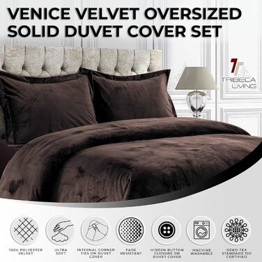 Tribeca Living Venedig: Комплект постільної білизни з велюру, великий розмір, 2-кількість - Набір постільної білизни, супер м'який велюр з прихованими ґудзиками, блакитно-зелений колір (Сліди раю), шоколадний, розмір Queen