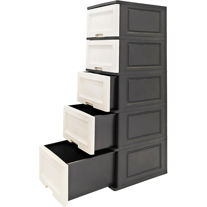 Chest of drawers 44x50x127 cm with 5 large XXL drawers, 40 liters per drawer, featuring fronts in beautiful candy colors and a modern look. Made from recyclable PP plastic (Black / White, Pine) for the environment.
