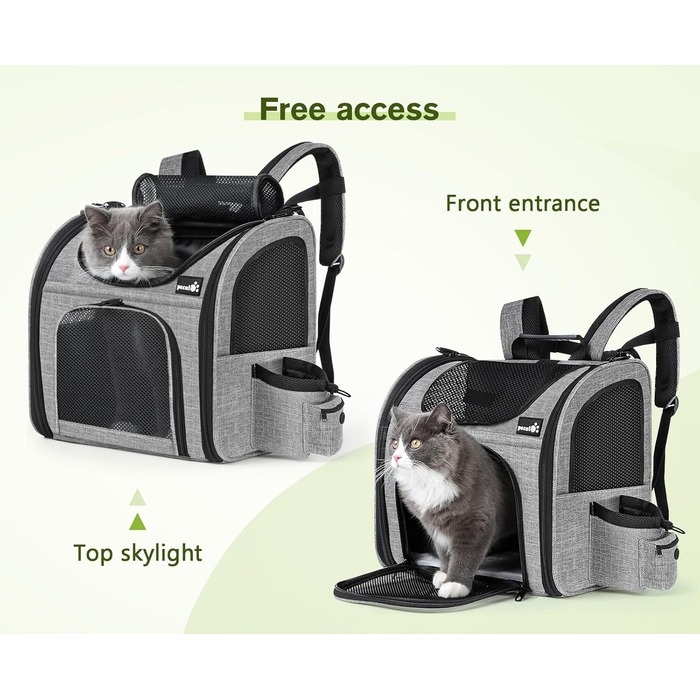 Pecute Pet Carrier Backpack with Mesh Window - Portable & Foldable Cat Carrier, Breathable & Lightweight Dog Carrier - Waterproof Oxford Cloth, Large Capacity, Non-Slip Gray