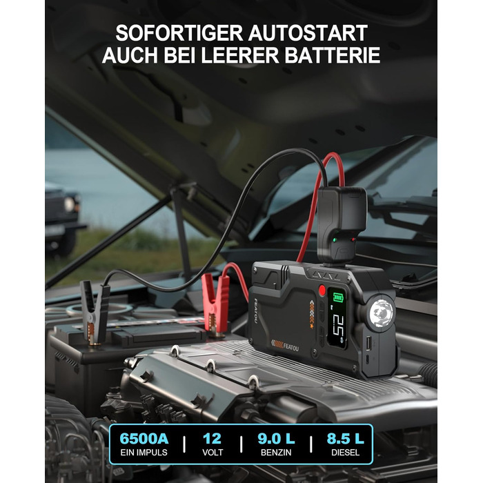 Powerbank для автомобіля Starthilfe з компресором 150PSI, 6000A, 12V, для бензинових та дизельних авто (до 10л), QC3.0, LCD, ліхтарик