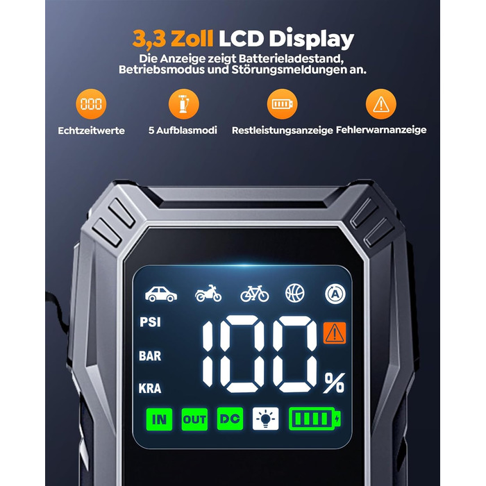 Powerbank для авто YaberAuto з компресором, 6000A, 23800mAh, 150PSI, Jump Starter (для бензинових та 10.0L дизельних двигунів), LCD дисплей, 500 люмен, аварійне світло