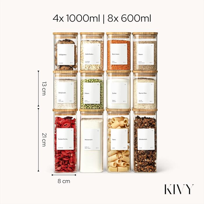 Скляні контейнери для зберігання KIVY, 12 шт. - кутові, з кришкою, бамбук