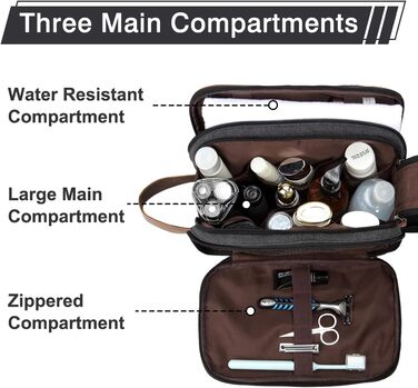KASGO Toiletry Bag for Men and Women - Large Travel Toiletry Bag, Water-Resistant Cosmetic Bag with 3 Compartments and Leather Holder, for Bathroom, Gym, and Travel, Dark Grey