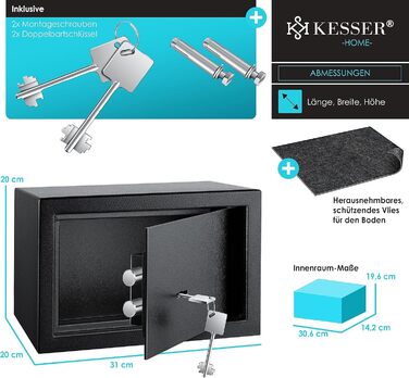 Сейф KESSER для меблів з двобортним замком, чорний, 30x20x20 см, з 2 ключами та кріпленням