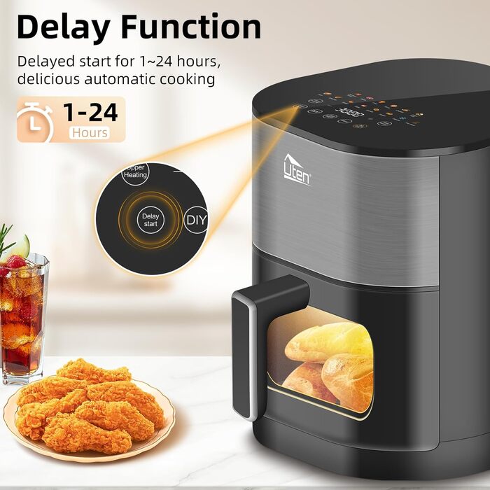 Універсальна аерофритюрниця Uten Dual Blaze 2000 Вт, 5,5 л, без масла, 14 програм, з оглядовим вікном, сірий квадрат